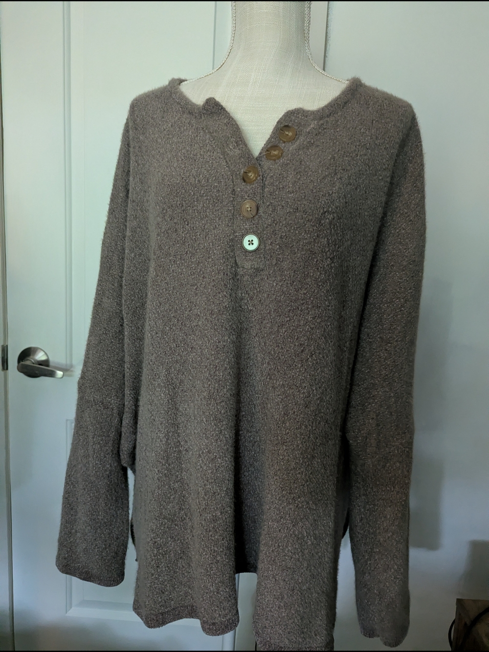 Pink Lily Taupe V-Neck Henley Sweater